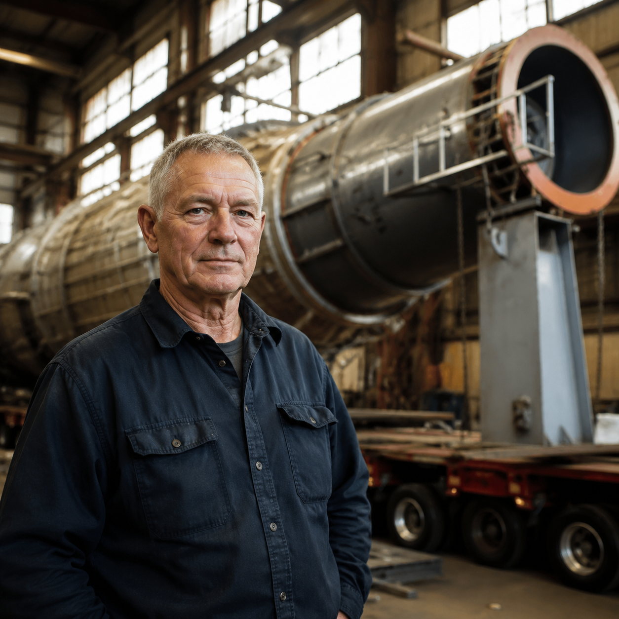 A GCAW shop leader on the fabrication floor in front of a finished alloy column
