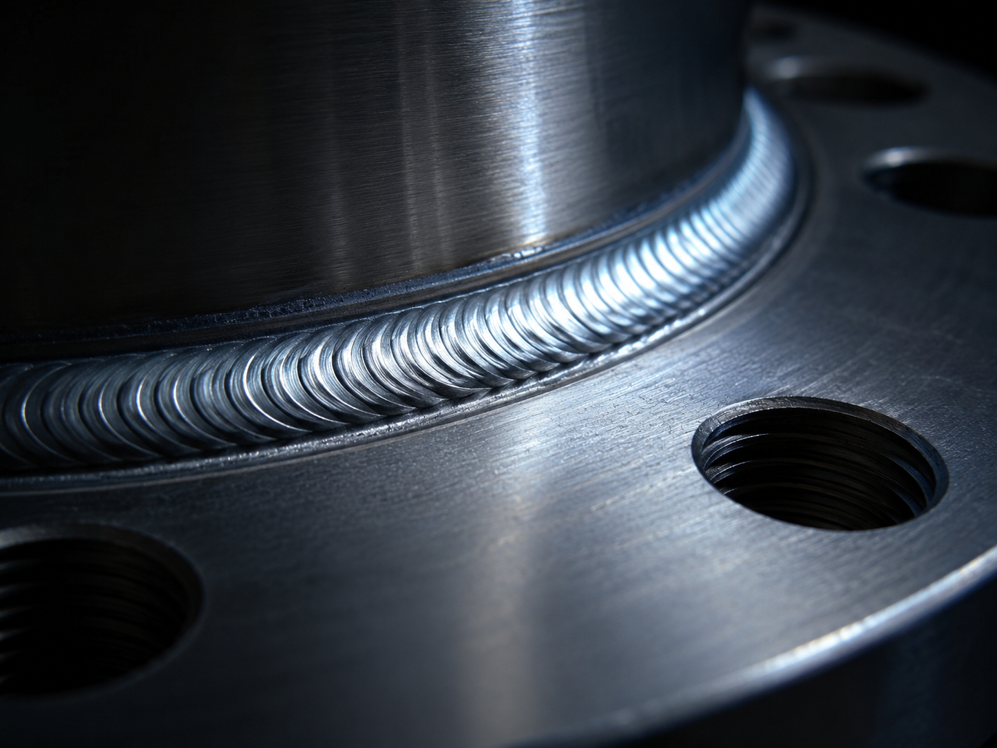 Macro detail of a flawless stainless weld bead on an alloy vessel flange